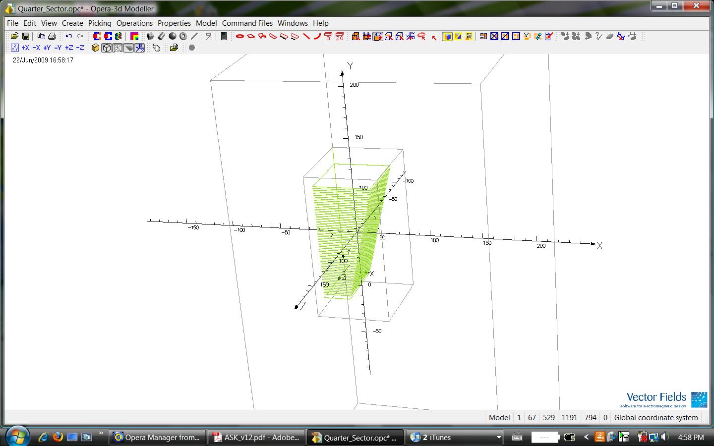 Sector of the LXe PET prorotype simulated with Opera3D